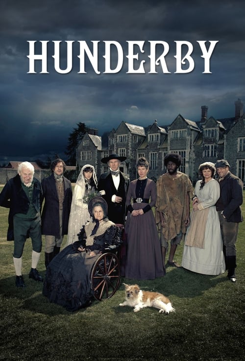 The poster features a group of elegantly dressed characters in period clothing, standing on a grassy field with a dog resting nearby. The muted, moody sky suggests a somber or melancholic atmosphere, while the warm tones of their clothing contrast with the cool, dark background.