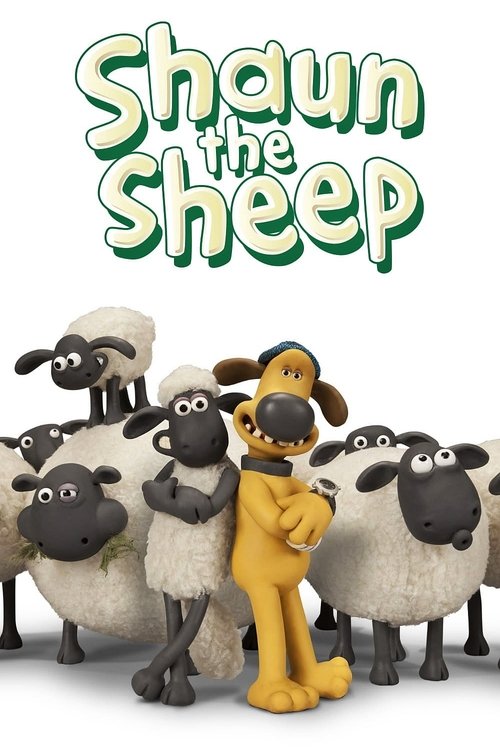 The poster features Shaun the Sheep, a cheerful yellow sheep, standing confidently among a group of sheep. The title "Shaun the Sheep" is prominently displayed in playful, green lettering. The overall mood is lighthearted and inviting, capturing the essence of a beloved children's cartoon.