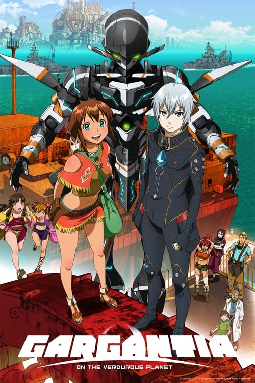This vibrant poster showcases a dynamic scene from "Gargantia on the Verdurous Planet," featuring a central armored figure with a striking red cape and a determined young woman in a red outfit. The background reveals a lush, colorful landscape with a ship and other characters, evoking an adventur...