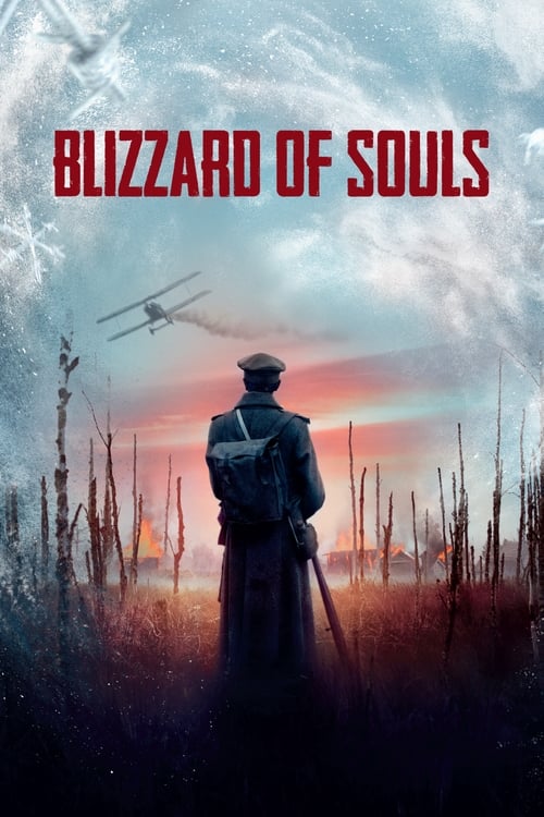 The poster features a lone soldier in a trench coat, silhouetted against a dramatic sky filled with swirling clouds and a helicopter in the distance. The muted red and blue tones evoke a sense of mystery and tension, while the tall grassy foreground adds to the gritty atmosphere.