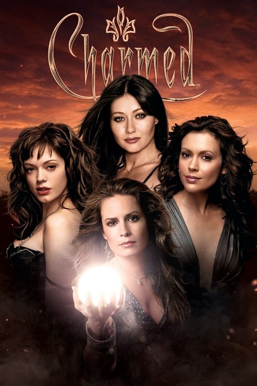 This TV show poster for "Charmed" features four women in dramatic poses against a fiery sunset backdrop. The central figure holds a glowing orb, symbolizing magic and power. The warm, dramatic lighting and intense expressions convey a sense of mystery and enchantment.