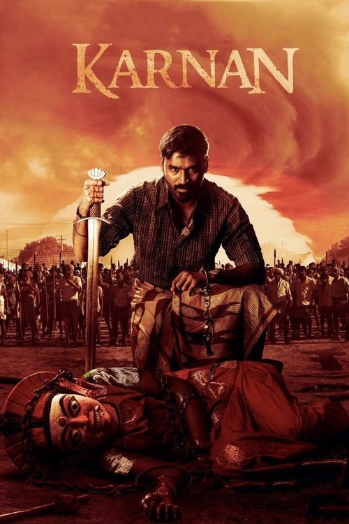 The poster depicts a tense scene with a man holding a sword over a chained figure, set against a fiery, dramatic sky. The crowd in the background suggests a large-scale event or gathering, adding to the ominous atmosphere. The warm, orange tones evoke a sense of danger and urgency, capturing the ...