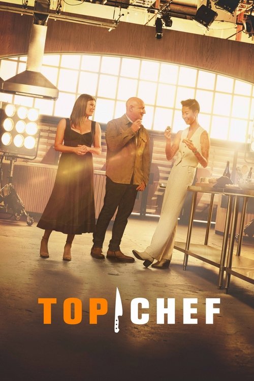 The poster features four chefs in a warm, sunlit kitchen with industrial lighting. The warm tones and soft lighting create a cozy, inviting atmosphere. The chefs are dressed in elegant attire, suggesting a high-end culinary challenge. The title "TOP CHEF" is prominently displayed at the bottom, e...