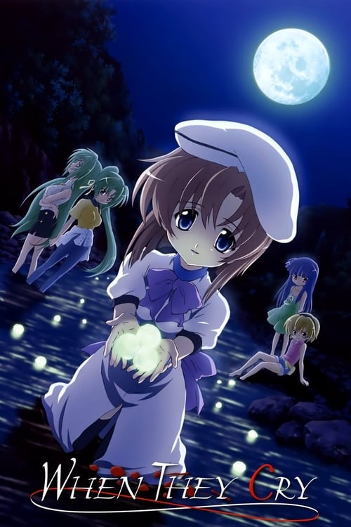 The poster features a young girl in a white sailor hat and purple outfit holding a glowing orb against a dark, moonlit night. Surrounding her are three mysterious, translucent figures with glowing eyes, creating an eerie, magical atmosphere. The title "When They Cry" is prominently displayed at t...