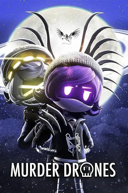 This poster features two stylized, cartoonish characters with glowing purple eyes and futuristic designs against a starry background. The mood is mysterious and sci-fi, with a large crescent moon and a bird-like figure looming behind them. The title "Murder Drones" is prominently displayed at the...