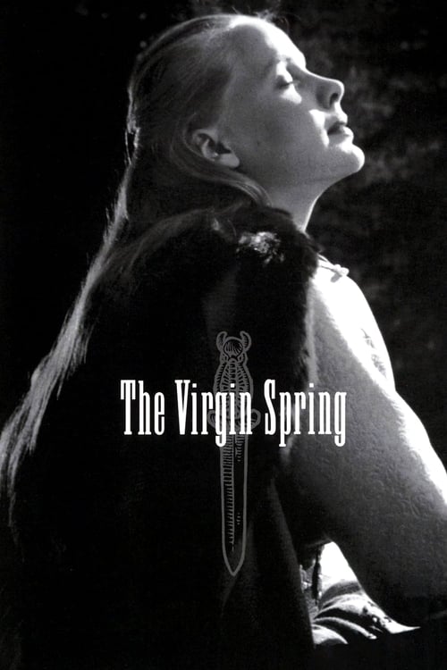 A woman with long hair gazes upward against a dark background, her expression conveying deep emotion. The title "The Virgin Spring" is elegantly placed in white text. The overall mood is mysterious and introspective.