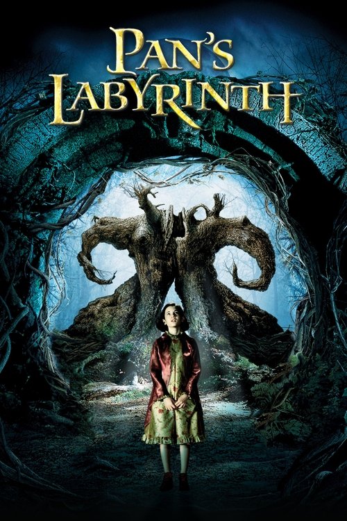 The poster features a young girl with a determined expression standing before a colossal, monstrous creature in a dark, eerie forest. The colors are dominated by deep blues and greens, creating a mysterious and suspenseful atmosphere. The title "Pan's Labyrinth" is prominently displayed at the to...