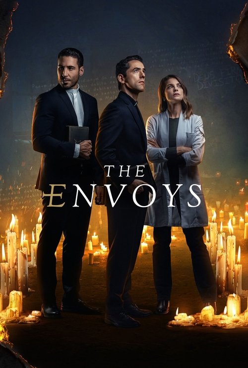 The Envoys poster features three men and a woman standing solemnly against a dark, candlelit backdrop. The warm glow of candles creates an eerie, mysterious atmosphere, while the dark tones and shadows evoke a sense of mystery and suspense.