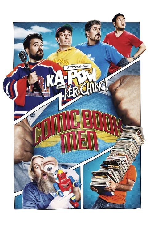 The poster features four men in dynamic poses against a vibrant blue background, with bold comic book-style lettering. The image captures a lively, energetic mood with rich colors like red, yellow, and blue.