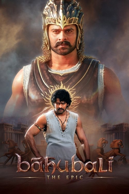 The poster features a muscular warrior in golden armor, exuding strength and ancient power, with a smaller figure in a light blue tunic standing below him. The background hints at a grand, dusty battlefield, evoking a sense of epic adventure and historical drama. The title "Bāhubali: The Epic" is...