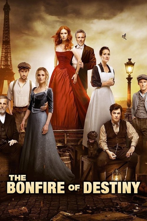 The poster features a dramatic scene with a woman in a red gown standing atop a stone archway, surrounded by characters in period clothing. The warm, golden hues evoke a sense of mystery and intrigue, while the Eiffel Tower hints at Parisian setting. The title "The Bonfire of Destiny" is prominen...