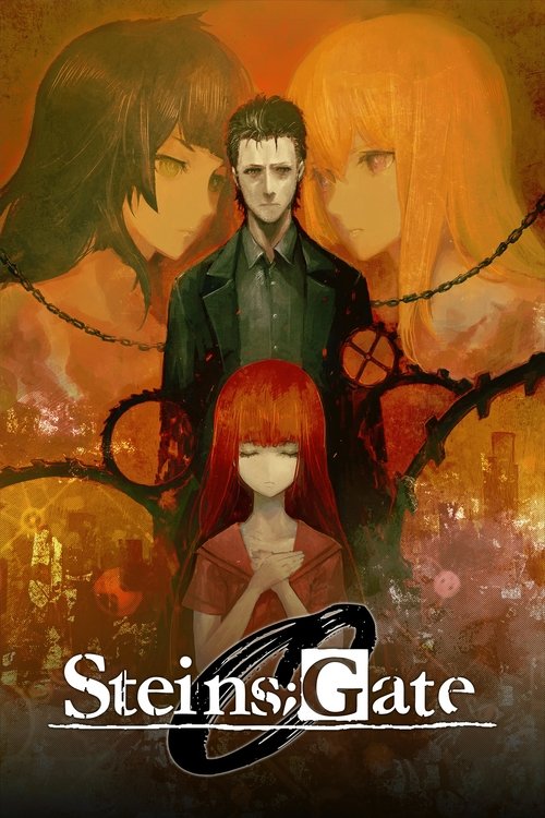 The poster features a dramatic scene with three characters standing against a fiery orange and red background. The central figure, a young man with dark hair, stands confidently while flanked by two others with long hair—one brown and one blonde. Their expressions convey mystery and intensity. Th...