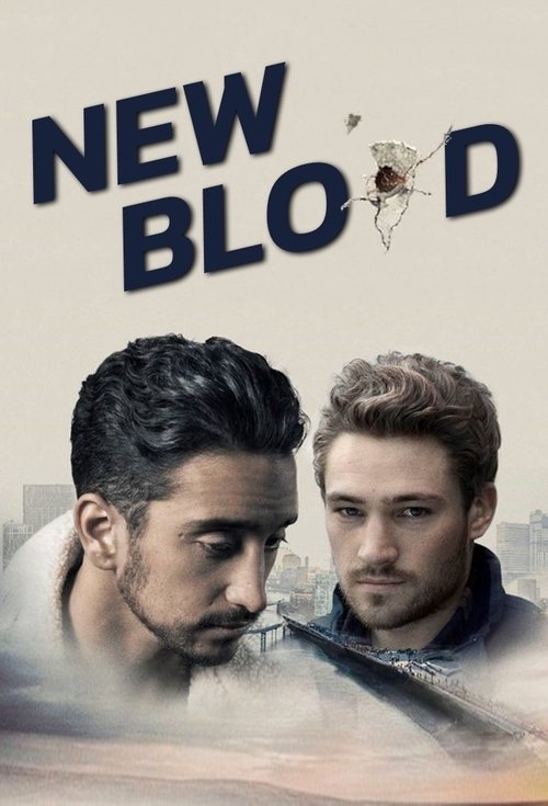 The poster features two men in a somber, contemplative mood against a muted, earthy background. The title "New Blood" is prominently displayed in bold, dark letters, with a small insect graphic near the top. The overall composition evokes themes of introspection, tension, and perhaps a gritty, dr...