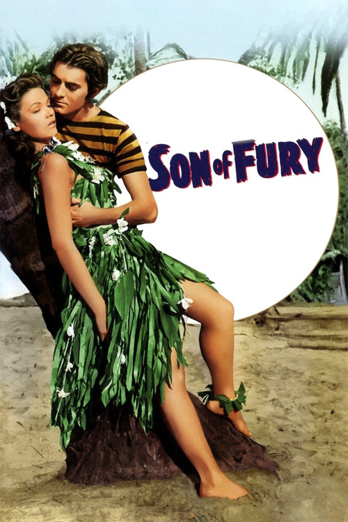 The poster features a woman in a vibrant green leaf dress and striped shirt, exuding a playful and adventurous mood. She is posed against a backdrop of tropical foliage, with the title "Son of Fury" prominently displayed in bold, eye-catching letters. The overall composition evokes a sense of fun...