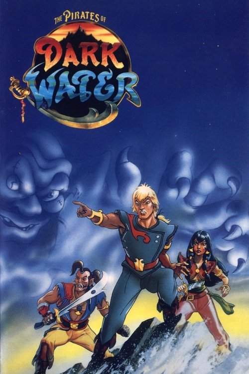 The Pirates of Dark Water poster features a dramatic underwater scene with three pirate characters in action. The deep blue background and glowing orange title create an eerie, adventurous mood.