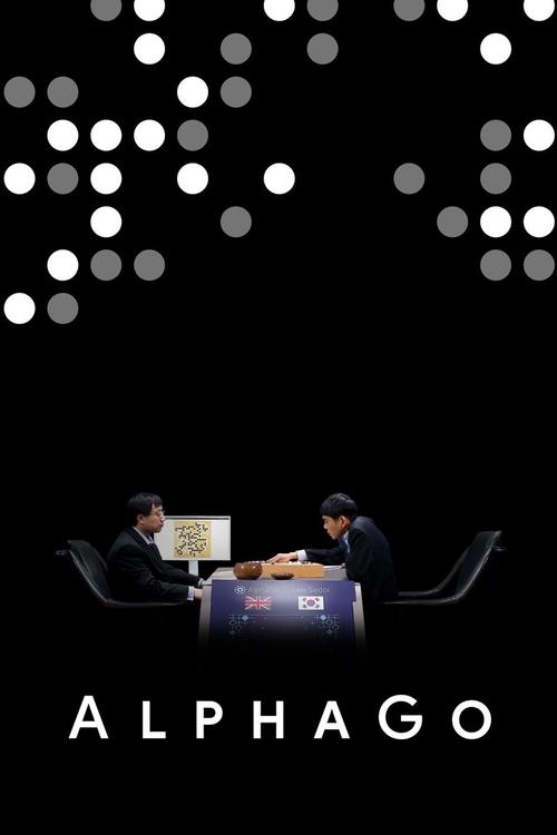 A dark, moody poster featuring two men in formal attire seated at a sleek, modern table against a backdrop of scattered white dots. The title "ALPHAGO" is prominently displayed at the bottom in bold, white capital letters. The atmosphere suggests a high-stakes, intellectual challenge, evoking bot...