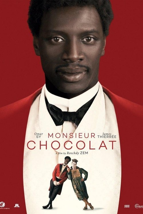 The poster features a man in a red suit against a vibrant red background, exuding elegance and mystery. Below him, a couple dances joyfully, adding a playful touch to the sophisticated atmosphere. The title "Monsieur Chocolat" is prominently displayed, hinting at a romantic comedy with sweet unde...