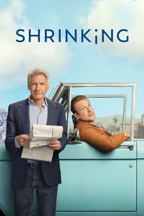 The poster features a man holding a newspaper and a man leaning out of a car window, both smiling against a bright blue sky. The teal car and light blue background create a cheerful, relaxed mood, suggesting humor and camaraderie.