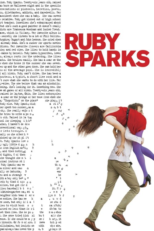 The poster features a romantic couple embracing against a white background, with the title "RUBY SPARKS" prominently displayed in bold red letters. The mood is warm and affectionate, capturing the essence of a classic love story.