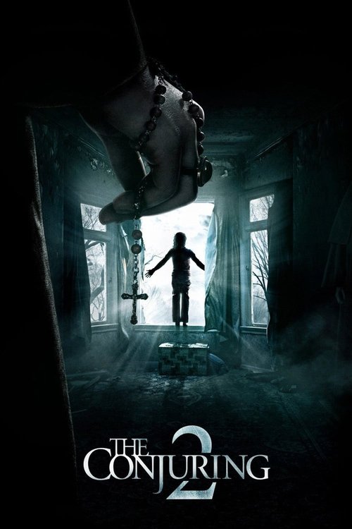 The dark, eerie poster features a silhouetted figure standing in a dilapidated room, holding a flashlight that casts a ghostly glow. Above, a menacing figure looms ominously, while the title "The Conjuring 2" appears in stark white letters at the bottom. The overall atmosphere is suspenseful and ...