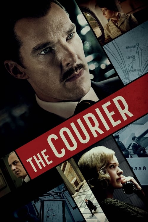 The movie poster features a dramatic, moody composition with a man in a suit dominating the top section, exuding mystery and intrigue. A bold red banner across the center reads "THE COURIER" in white letters, creating a striking visual contrast. The bottom section shows a woman with blonde hair, ...