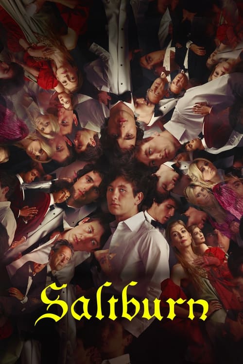 This movie poster depicts a chaotic scene of people in various states of distress, with a central figure looking upward. The colors are muted and somewhat somber, creating a tense atmosphere. The title "Saltburn" is prominently displayed in a gothic font at the bottom.