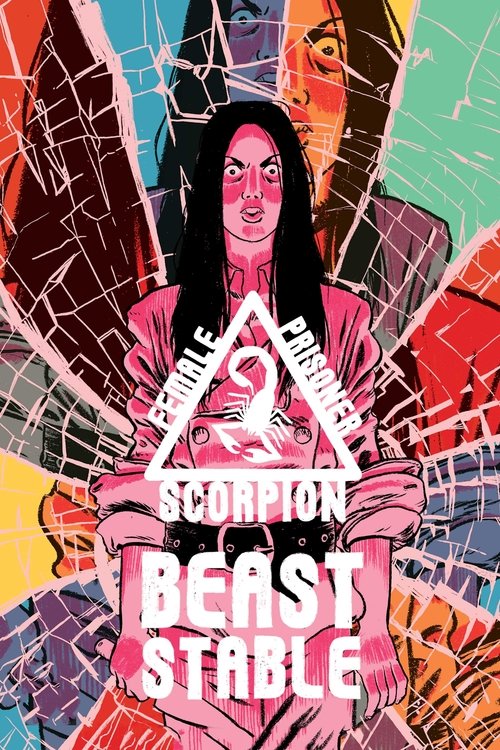 The poster features a striking woman with long dark hair, her face partially obscured by a jagged, colorful background. The title "Scorpion Beast Stable" is prominently displayed in bold, white text against a vibrant backdrop of pink, purple, and teal hues. The overall mood is mysterious and inte...