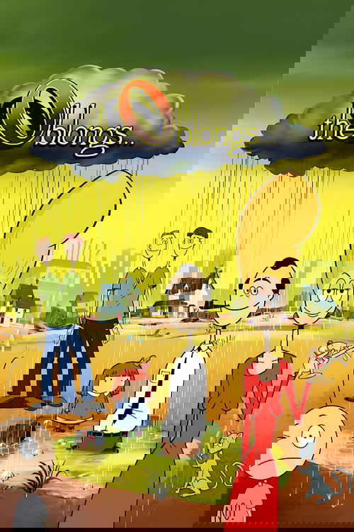 The Oblongs poster features a vibrant yellow sky with a dark, ominous cloud at the top. A group of animated characters stands in a field, with one woman in a red dress holding a small bird, while others look on with expressions of curiosity or concern. The scene captures a whimsical yet slightly ...