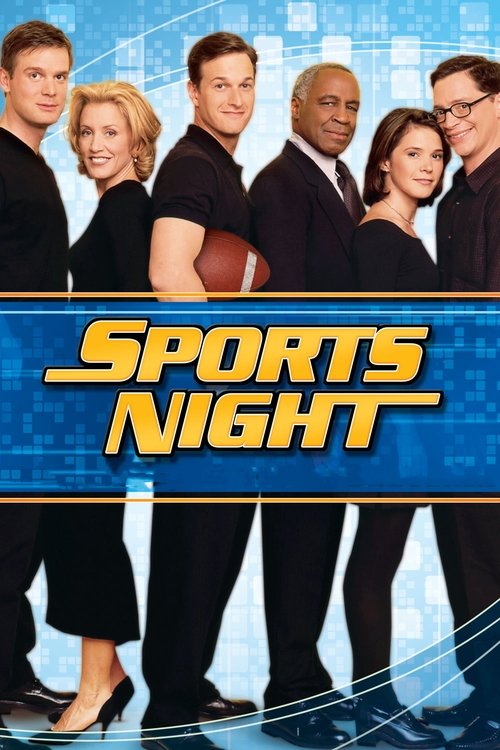 The poster features six individuals in formal attire against a blue background, exuding professionalism. The bold yellow text "SPORTS NIGHT" dominates the center, suggesting a lively sports broadcast. The overall mood is energetic and polished, appealing to sports fans and television enthusiasts.