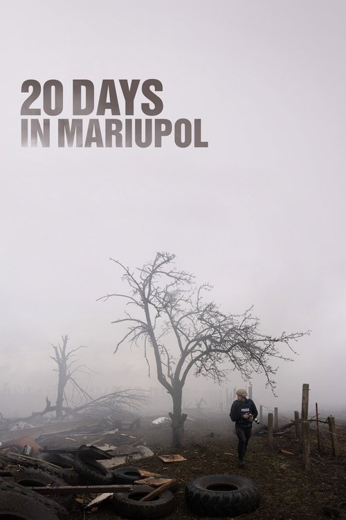 The poster depicts a somber scene of destruction in Mariupol, with a lone figure walking through a foggy landscape. The muted gray and brown tones evoke a sense of desolation and hardship. The stark contrast between the dark, ruined trees and the overcast sky enhances the emotional weight of the ...