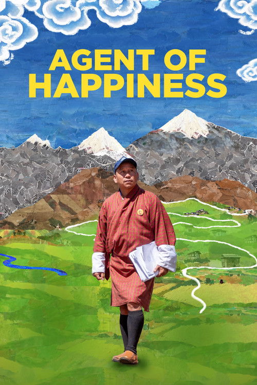 The poster features a serene mountain landscape with snow-capped peaks under a bright blue sky. A man in traditional red robes stands confidently on a lush green field, embodying the film's theme of finding inner peace. The vibrant colors and peaceful imagery evoke a mood of tranquility and hope.