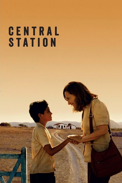 The poster features a tender moment between a young boy and an adult woman standing on a wooden platform overlooking a serene landscape. Warm golden hues dominate the scene, evoking a nostalgic and reflective mood. The title "Central Station" is prominently displayed at the top, hinting at themes...
