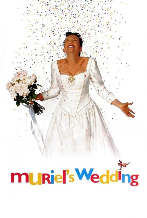 The poster features a joyful bride in a white dress, surrounded by falling confetti. She holds a bouquet of white flowers, and the title "Muriel's Wedding" is prominently displayed at the bottom in colorful letters. The overall mood is celebratory and lighthearted, capturing the essence of a happ...