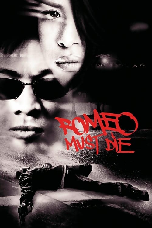 The poster features a dramatic, moody scene with a man in sunglasses and another man in the background, creating a sense of mystery and tension. The title "Romeo Must Die" is written in bold red letters, emphasizing the film's intense and dramatic tone. The overall composition evokes a suspensefu...