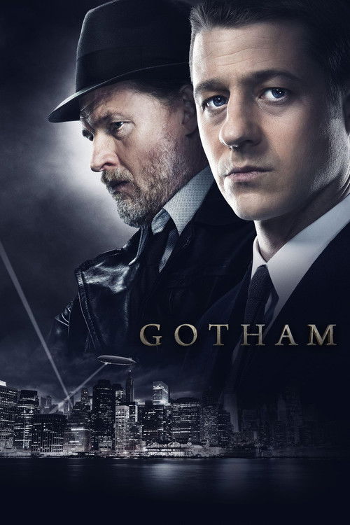 The poster features two men in dark suits against a moody, dimly lit Gotham cityscape. The cool blue tones and shadowy atmosphere evoke a sense of mystery and tension, hinting at the gritty, urban setting of the show.