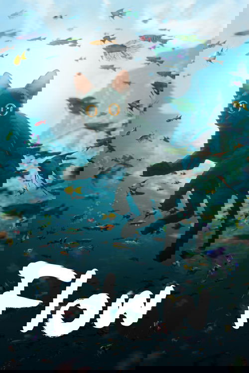 The poster features a sleek black cat with glowing yellow eyes, swimming through a vibrant underwater scene filled with colorful fish and bubbles. The word "Flow" is prominently displayed in bold white letters at the bottom, evoking a sense of freedom and natural beauty.