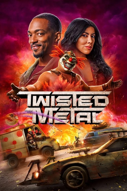 This poster features a dramatic scene with a man and woman in fiery red tones, set against a backdrop of burning cars and explosions. The title "Twisted Metal" is prominently displayed in bold, metallic lettering, conveying a sense of action and danger.