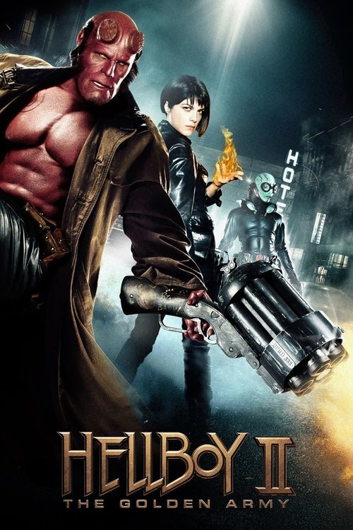 A muscular Hellboy with red skin and a cape stands prominently in the foreground, holding a large gun. Behind him, a young boy and a mysterious figure in a golden suit add depth to the scene. The dark, moody atmosphere with dramatic lighting and glowing effects creates an intense and mysterious m...
