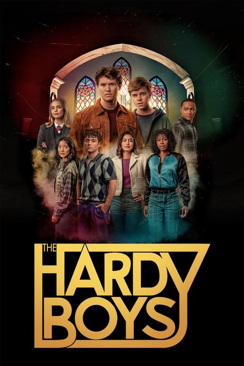 The poster features a group of eight characters standing in front of an arched doorway with stained glass windows, set against a dark background illuminated by warm and cool light. The characters exude a mix of mystery and adventure, with their expressions ranging from serious to playful. The tit...
