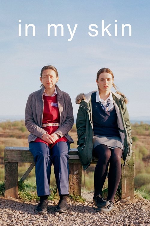 The poster features two women sitting on a wooden bench against a serene, open landscape. The warm tones of their clothing and the soft lighting evoke a sense of calm and introspection. The title "in my skin" is elegantly placed at the top, hinting at a story about personal identity and connection.