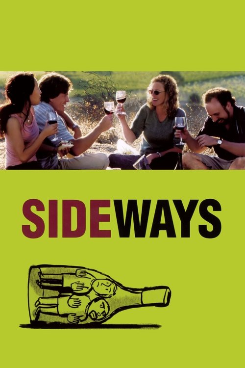 The poster features a vibrant lime-green background with a group of people enjoying a picnic outdoors, capturing a relaxed and social mood. The title "SIDEWAYS" is prominently displayed in bold red letters, emphasizing the film's theme of unconventional choices. Below, a stylized illustration of ...