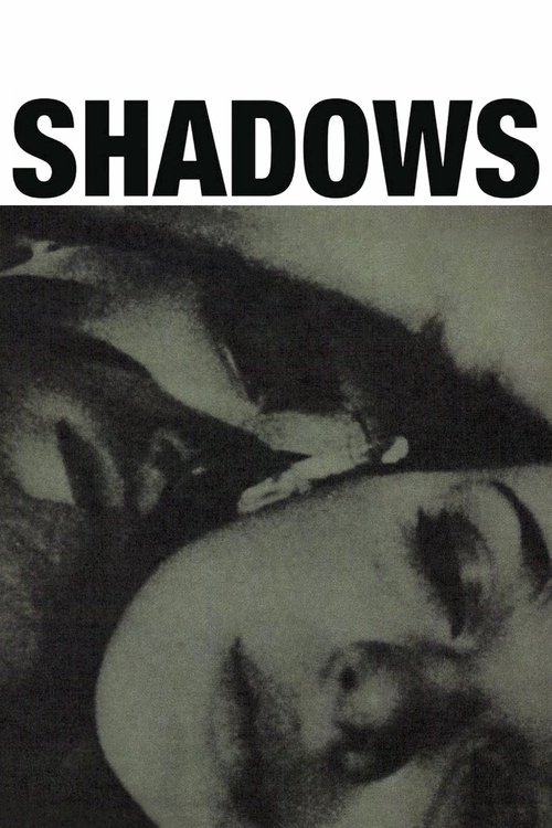 The poster features a haunting black-and-white image of two people lying face down, their eyes closed, creating a somber and mysterious atmosphere. The bold, uppercase text "SHADOWS" dominates the top, emphasizing the eerie and unsettling mood of the film.
