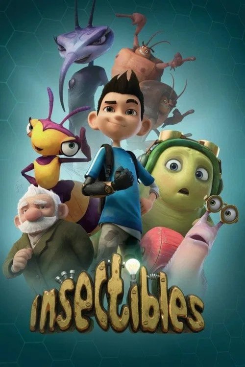 The poster features a group of animated insect characters in a vibrant, playful mood. The boy in the center stands confidently, surrounded by diverse insects including a purple dragon, a green creature with a heart-shaped body, and a small bird with a red beak. The background is a deep teal, enha...