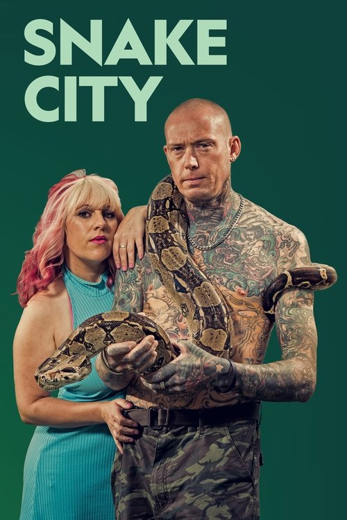 The poster features a muscular man with tattoos and a large snake coiled around his neck, while a woman with pink hair stands beside him, looking intense. The deep green background contrasts with the vibrant colors of the characters, creating a dramatic and mysterious atmosphere.