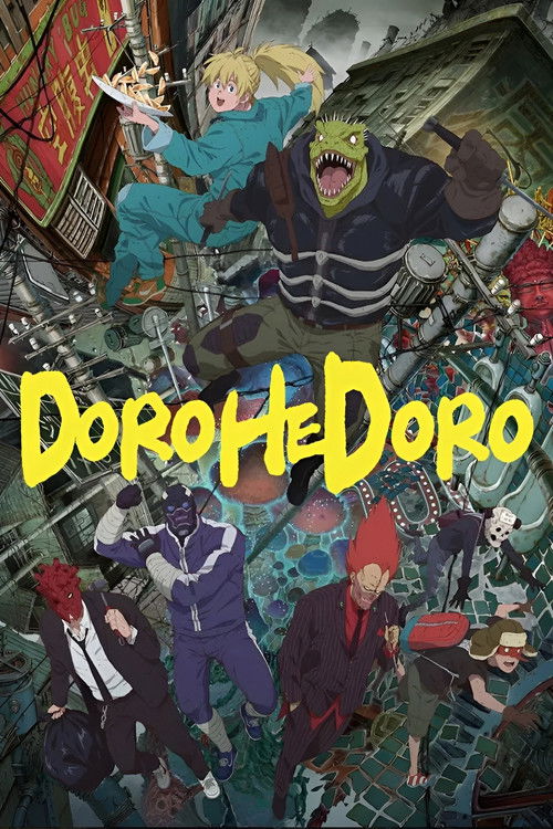 The poster showcases a chaotic scene of colorful characters in action poses against a dark, urban backdrop. Vibrant hues of red, blue, green, and yellow dominate the image, creating a dynamic and energetic atmosphere. The bold yellow title "DOROHEDORO" stands out prominently, emphasizing the show...