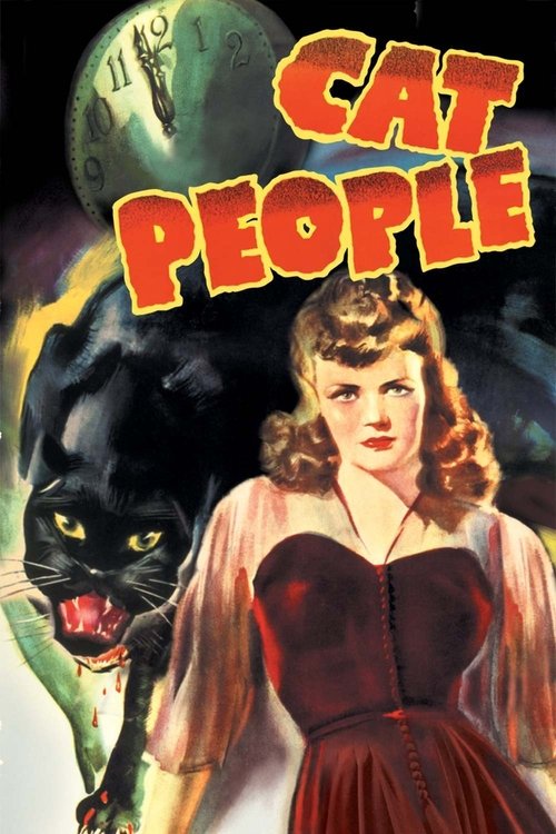 A vintage movie poster for "Cat People" features a glamorous woman in a red dress against a dark, mysterious background. A menacing black cat with glowing eyes looms nearby, adding an eerie atmosphere. The title "CAT PEOPLE" is prominently displayed in bold, fiery red letters.