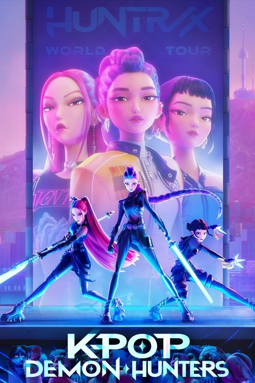 The poster features four animated characters in dynamic poses, each wielding glowing blue swords against a vibrant purple and pink backdrop. The central figures exude confidence, while the surrounding characters display a mix of serious and playful expressions. The overall mood is energetic and f...