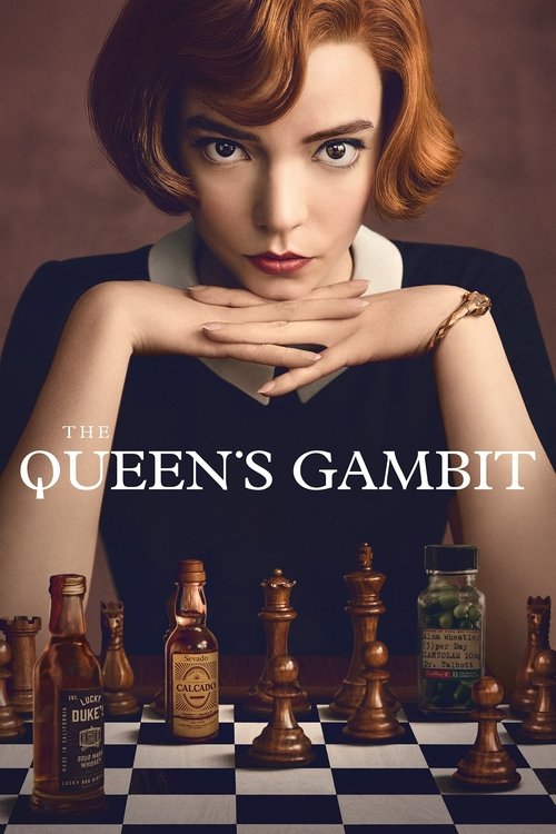 The poster features a striking red-headed woman with a confident, intense gaze, her hands resting on her chin against a chessboard backdrop. The warm tones of her skin and hair contrast with the cool, monochromatic chess pieces, creating a dramatic and mysterious atmosphere that hints at the show...