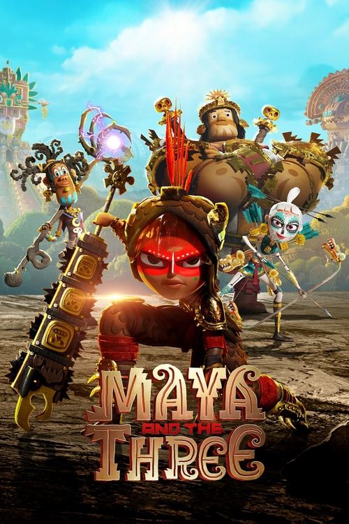 The poster features a vibrant scene with diverse characters in colorful costumes, set against a bright blue sky. The mood is adventurous and lively, with warm lighting enhancing the playful and energetic atmosphere. The title "Maya and the Three" is prominently displayed in bold, golden letters, ...