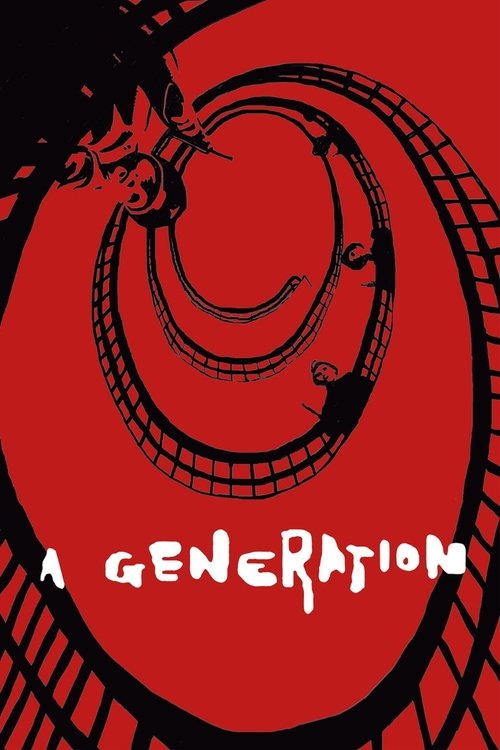 The poster features a striking red background with a swirling black pattern resembling a film reel or vortex. A group of people in casual attire are depicted in a dynamic pose, suggesting movement and energy. The bold, white text "A GENERATION" anchors the composition, evoking themes of youth and...